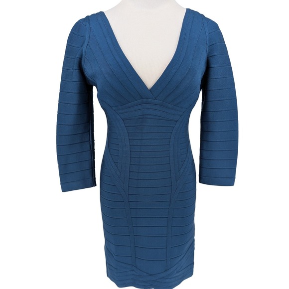 Herve Leger Kahli Bandage Dress S Royal Blue V-Neck 3/4 Sleeve Bodycon Y2K Glam - Picture 3 of 14